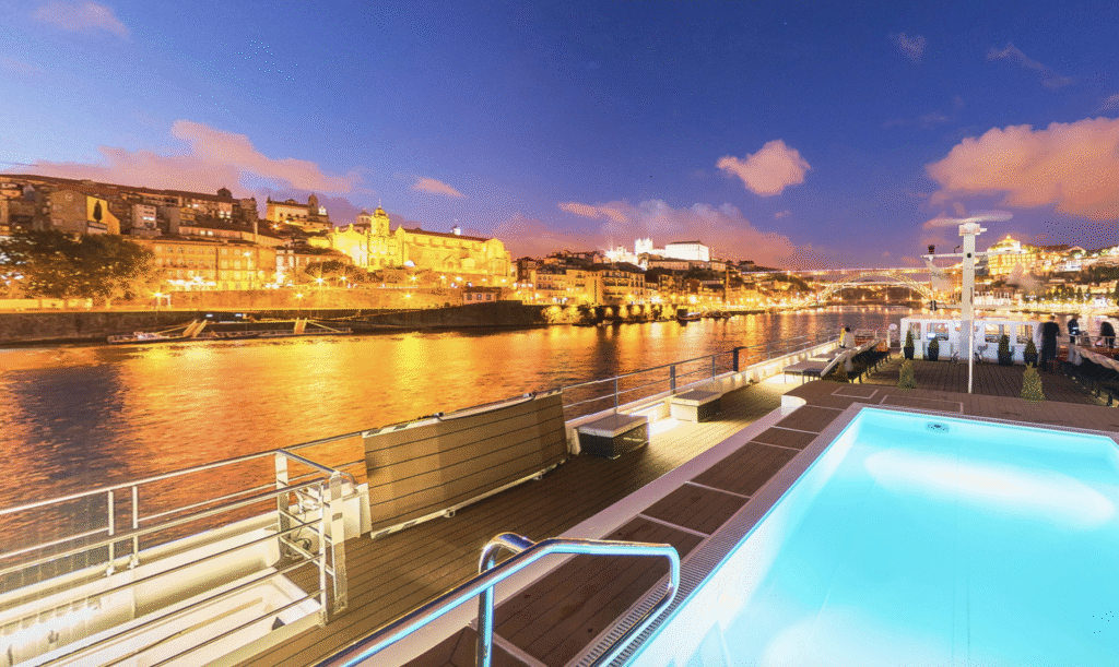 Viking River Cruise ship at night