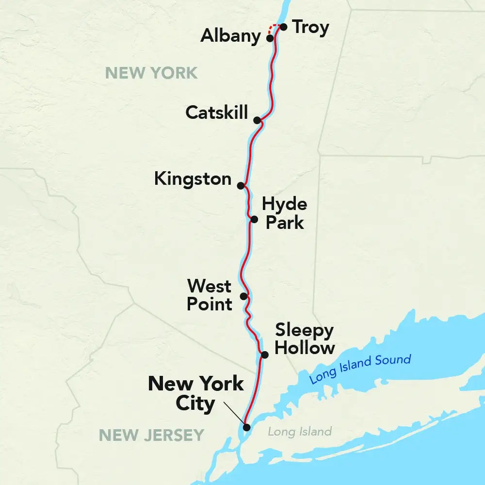Graphic map showing the cruise route from New York City to Albany and Troy