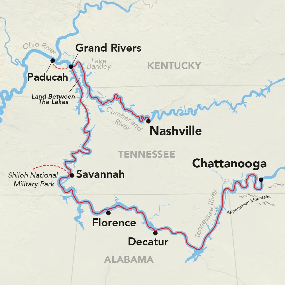 Photo map outlining Tennessee and Cumberland river cruise paths and port cities