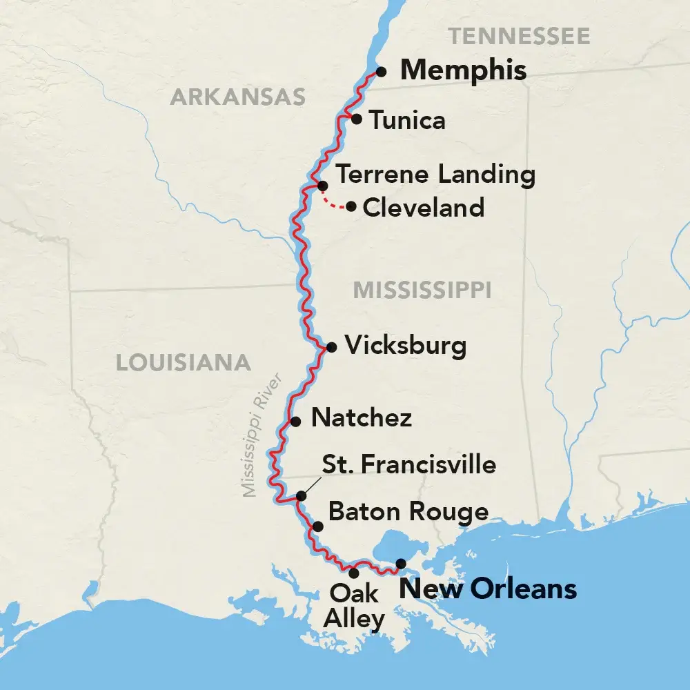Photo of Mississippi Explorer river route map from Memphis down to Oak Alley