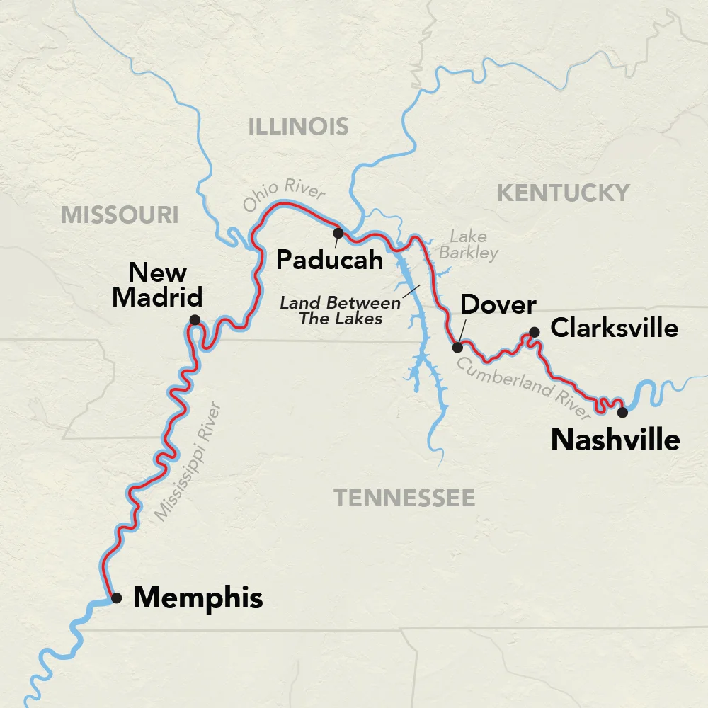Photo of Music Cities cruise itinerary map along Ohio and Cumberland rivers to Nashville