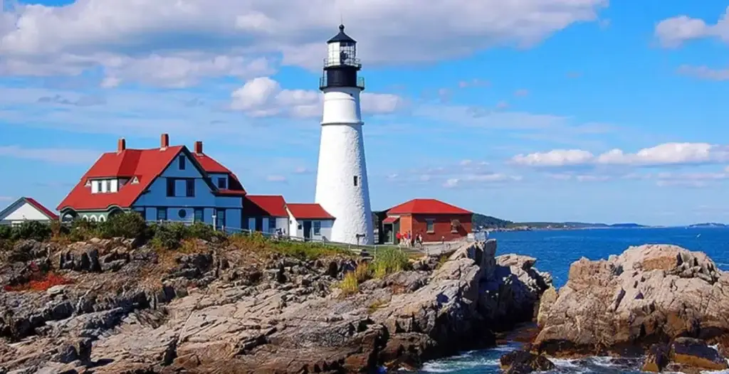 Photo of Portland Head Light standing on a rocky coast near red roofed buildings