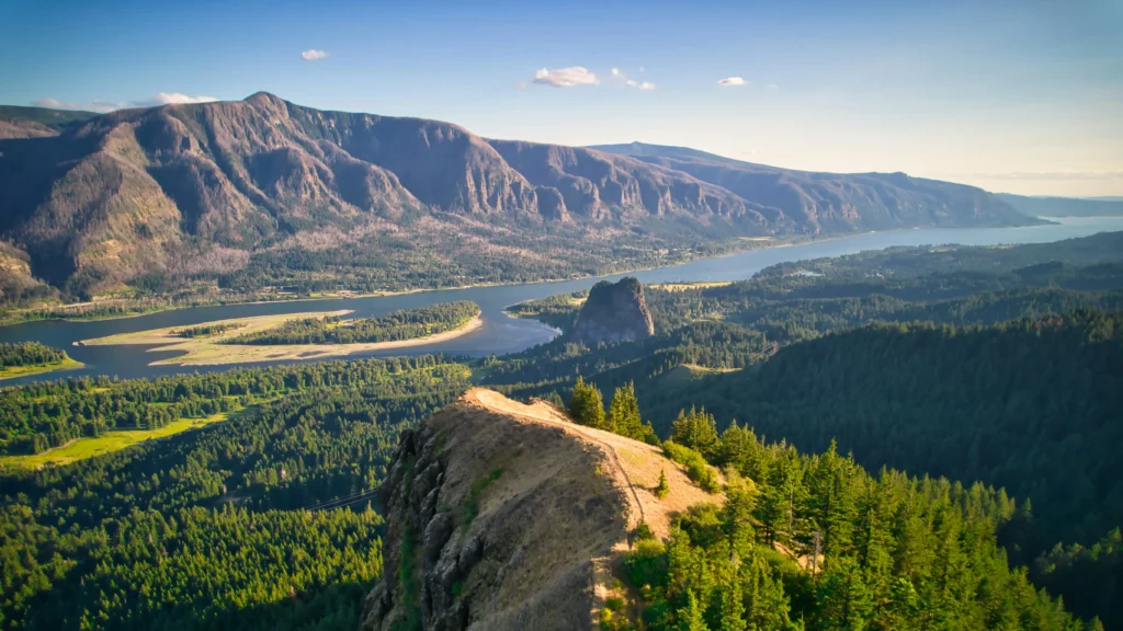 Photo of a scenic Columbia River Gorge overlook with mountains and green forest