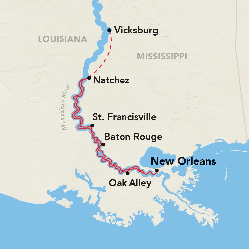 Photo of lower Mississippi route map showing stops from Vicksburg down to New Orleans