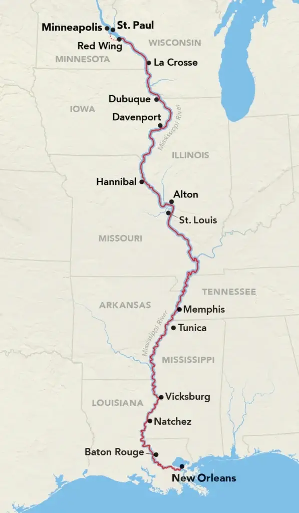 Photo of map route for Mississippi River cruise for seniors from St Paul to New Orleans