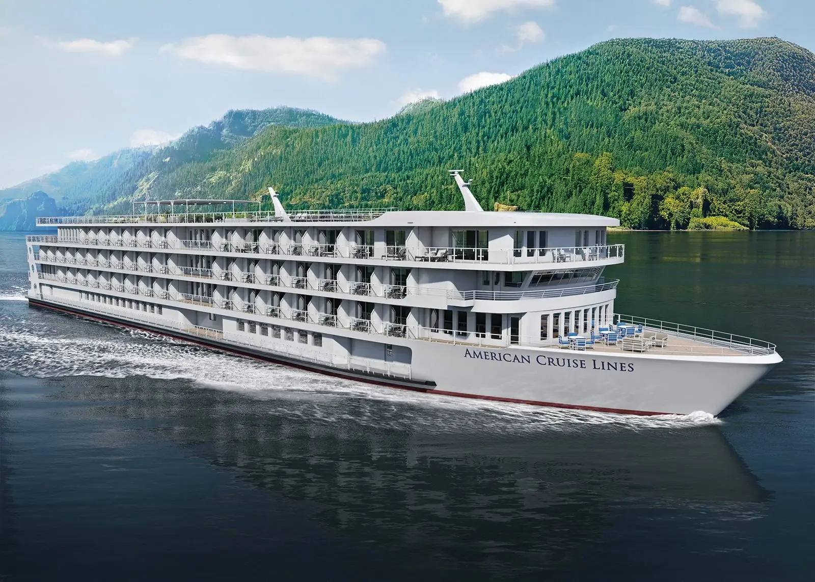 Photo of American Cruise Lines Anthem ship sailing along scenic riverbank