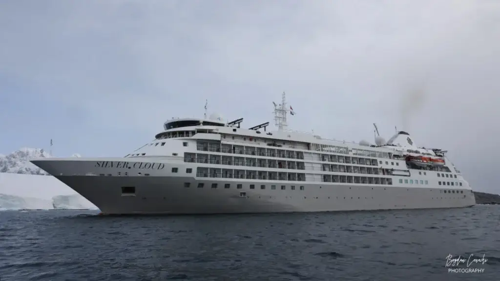 Photo of Silversea Silver Cloud cruise ship sailing through icy Antarctic waters
