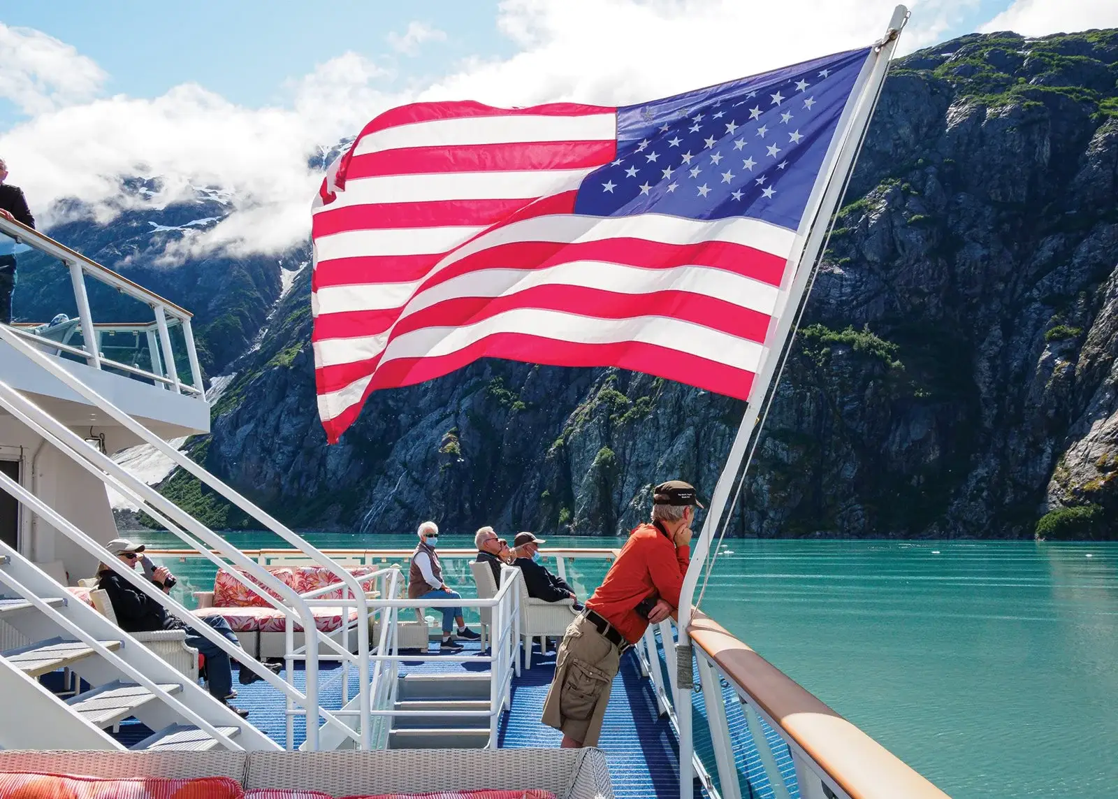 photo US flag flying on cruise ship deck in Glacier Bay Alaska